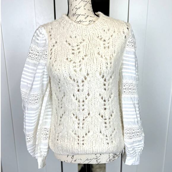 Sea Ellie Lace Combo Wool and Alpaca Blend Knit Sweater in Cream Size Small - Picture 6 of 13